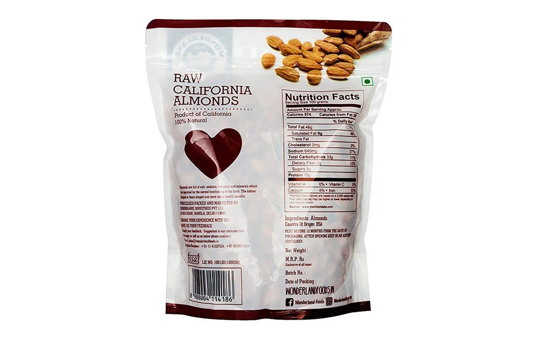 Wonderland Raw California Almonds    Pack  500 grams